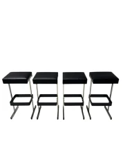 Four Mid-Century Modern Bar Stools with Black Leather Seats, 1970s